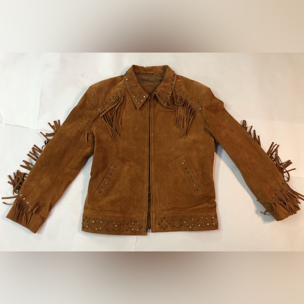 Carroll Original Wear Brown Suede Leather Jacket Studded Fringe Cowgirl Large